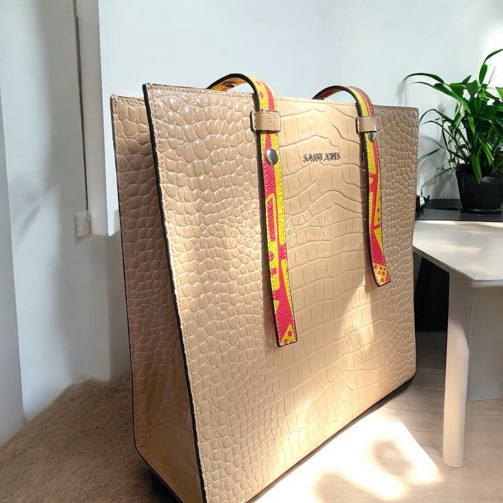 Sassy Jones Tan Croc Embossed Leather Tote Large Carmen Shoulder Bag Abstract